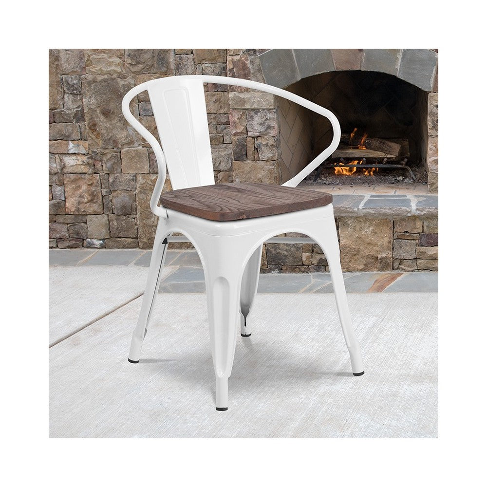 White Metal Chair with Wood Seat and Arms