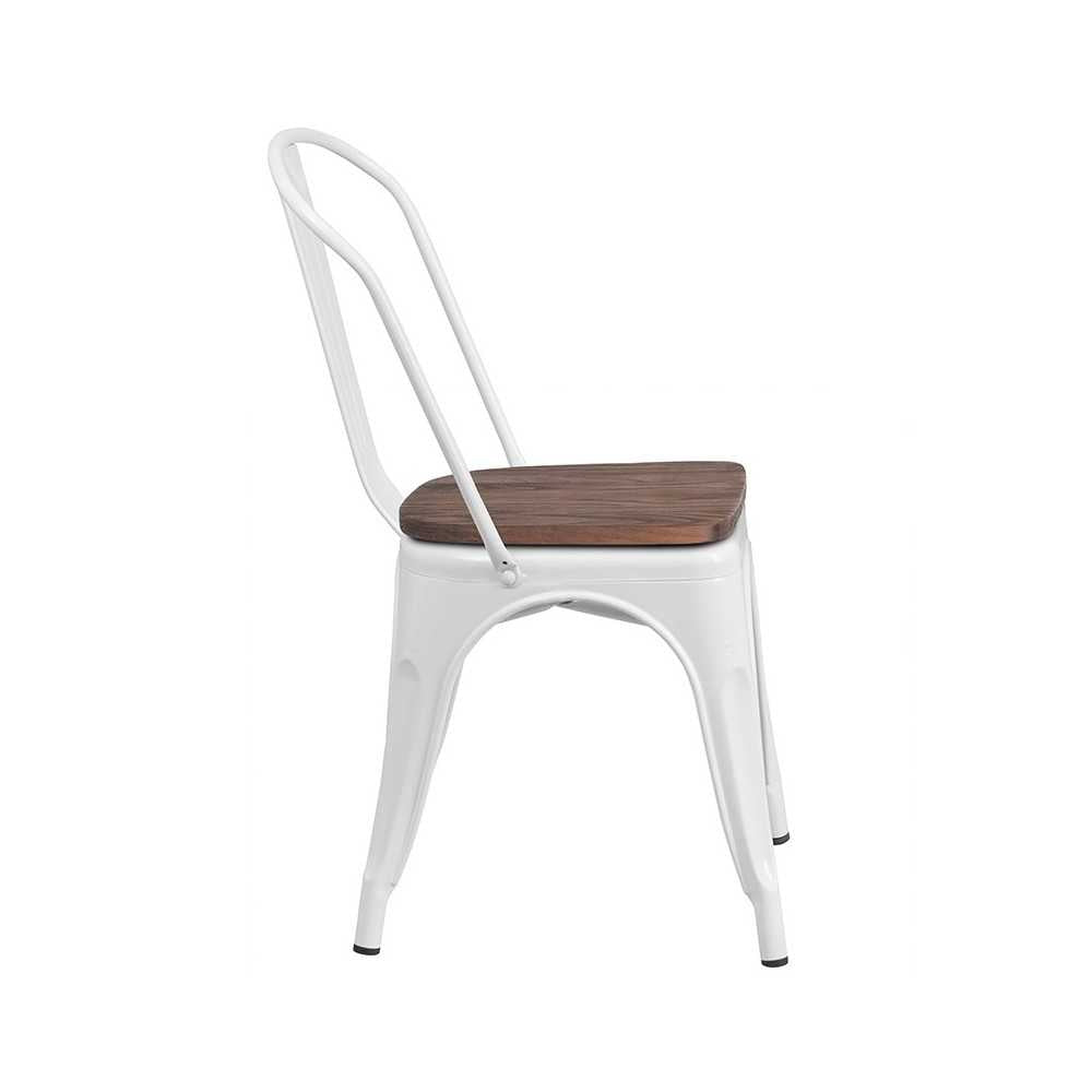 White Metal Stackable Chair with Wood Seat