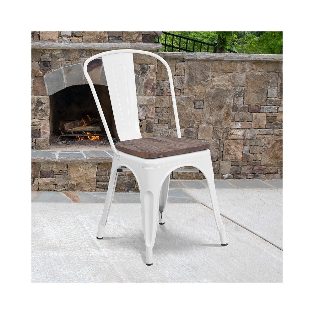 White Metal Stackable Chair with Wood Seat