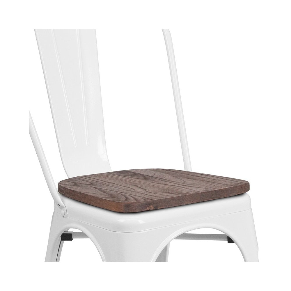 White Metal Stackable Chair with Wood Seat