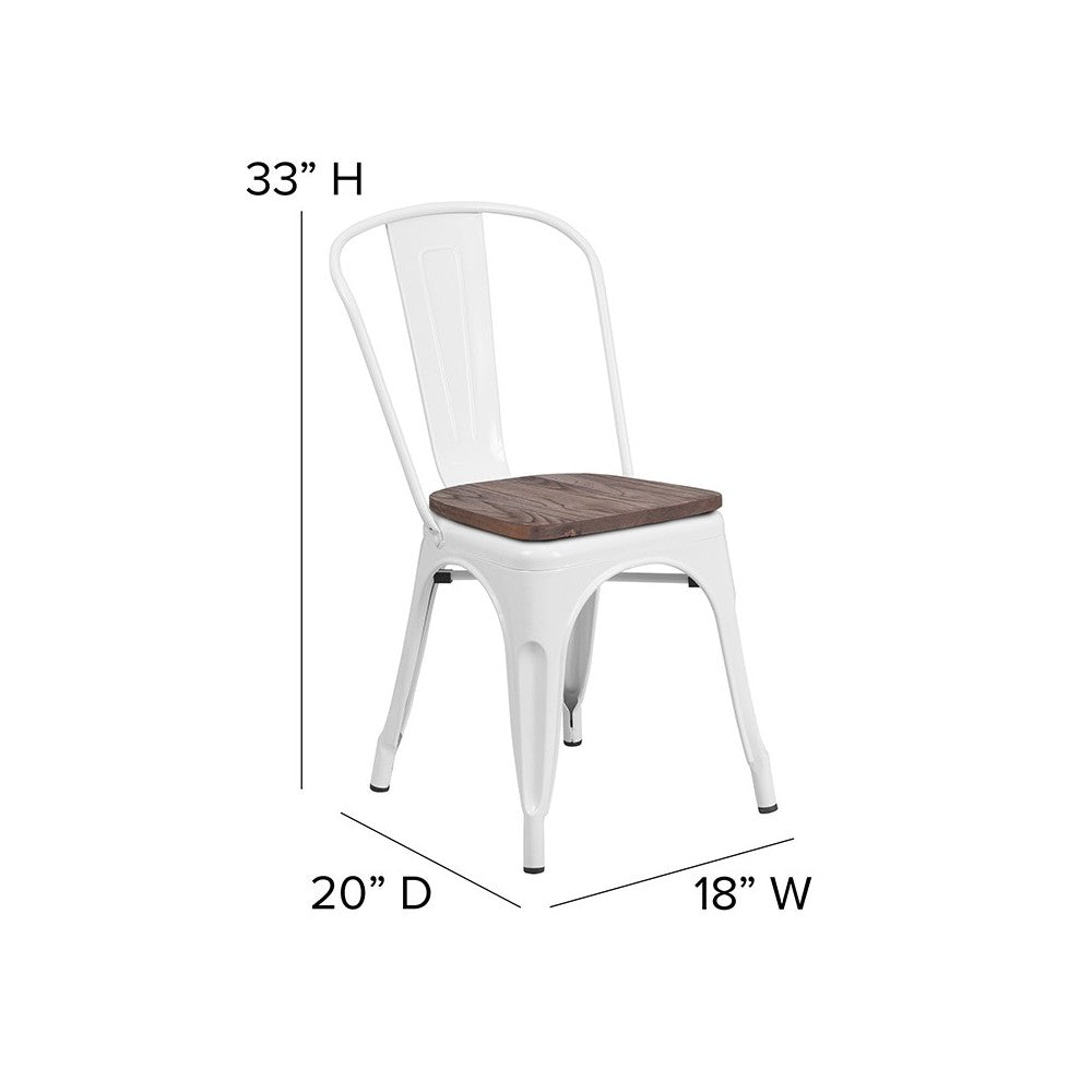 White Metal Stackable Chair with Wood Seat