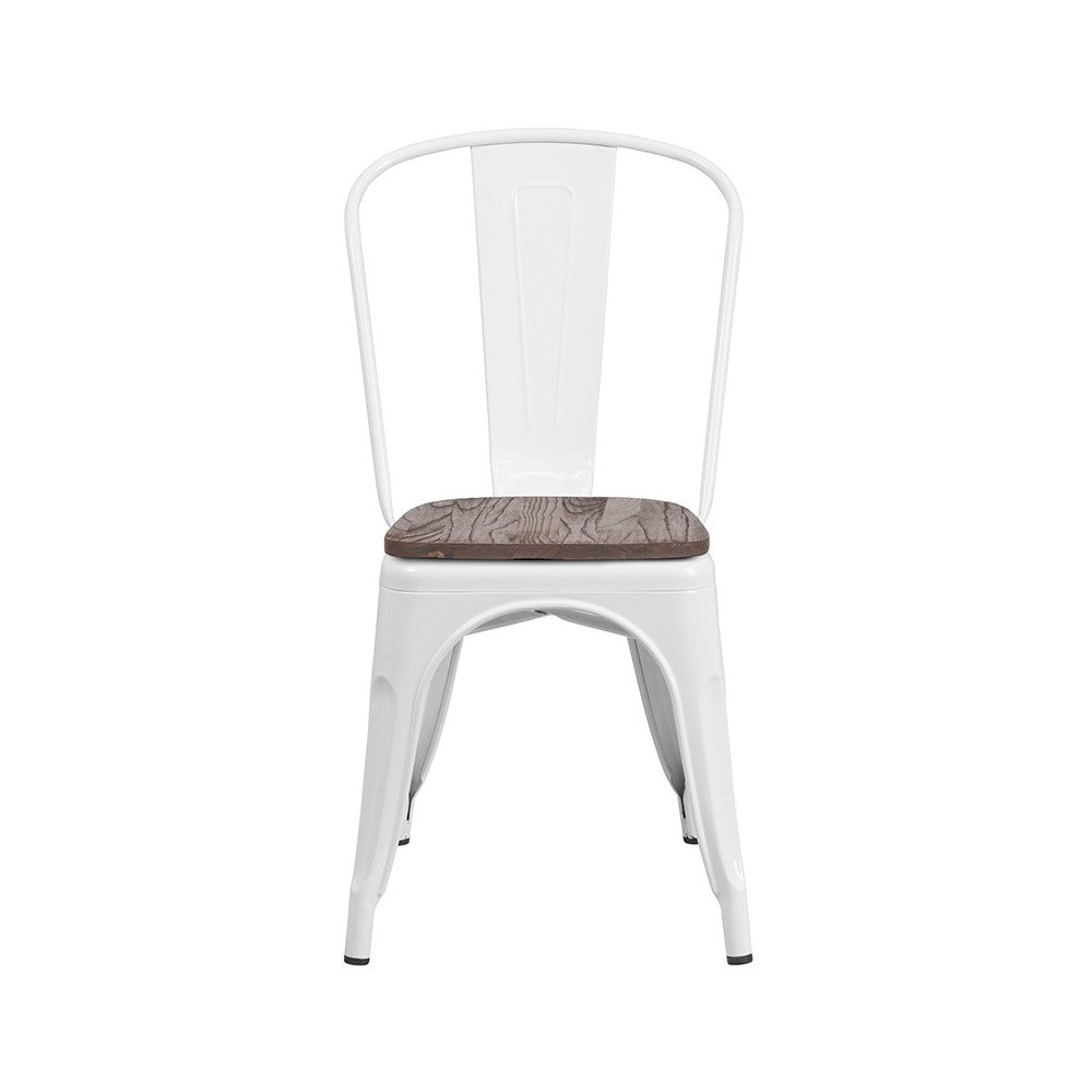 White Metal Stackable Chair with Wood Seat