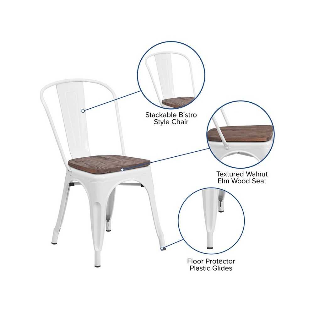 White Metal Stackable Chair with Wood Seat