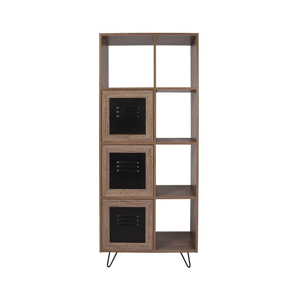 Woodridge Collection 63"H 5 Cube Storage Organizer Bookcase with Metal Cabinet Doors in Rustic Wood Grain Finish