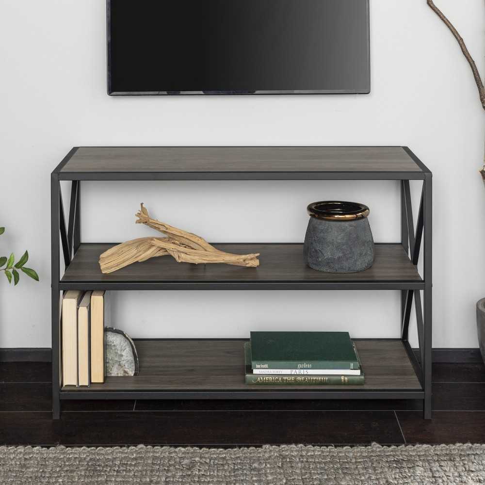 X Frame 40" Industrial Wood Bookshelf - Slate Gray/Black Metal
