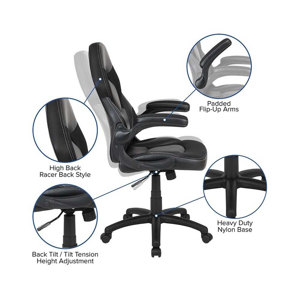 X10 Gaming Chair Racing Office Ergonomic Computer PC Adjustable Swivel Chair with Flip-up Arms, Black LeatherSoft