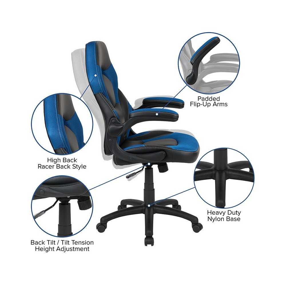 X10 Gaming Chair Racing Office Ergonomic Computer PC Adjustable Swivel Chair with Flip-up Arms, Blue/Black LeatherSoft