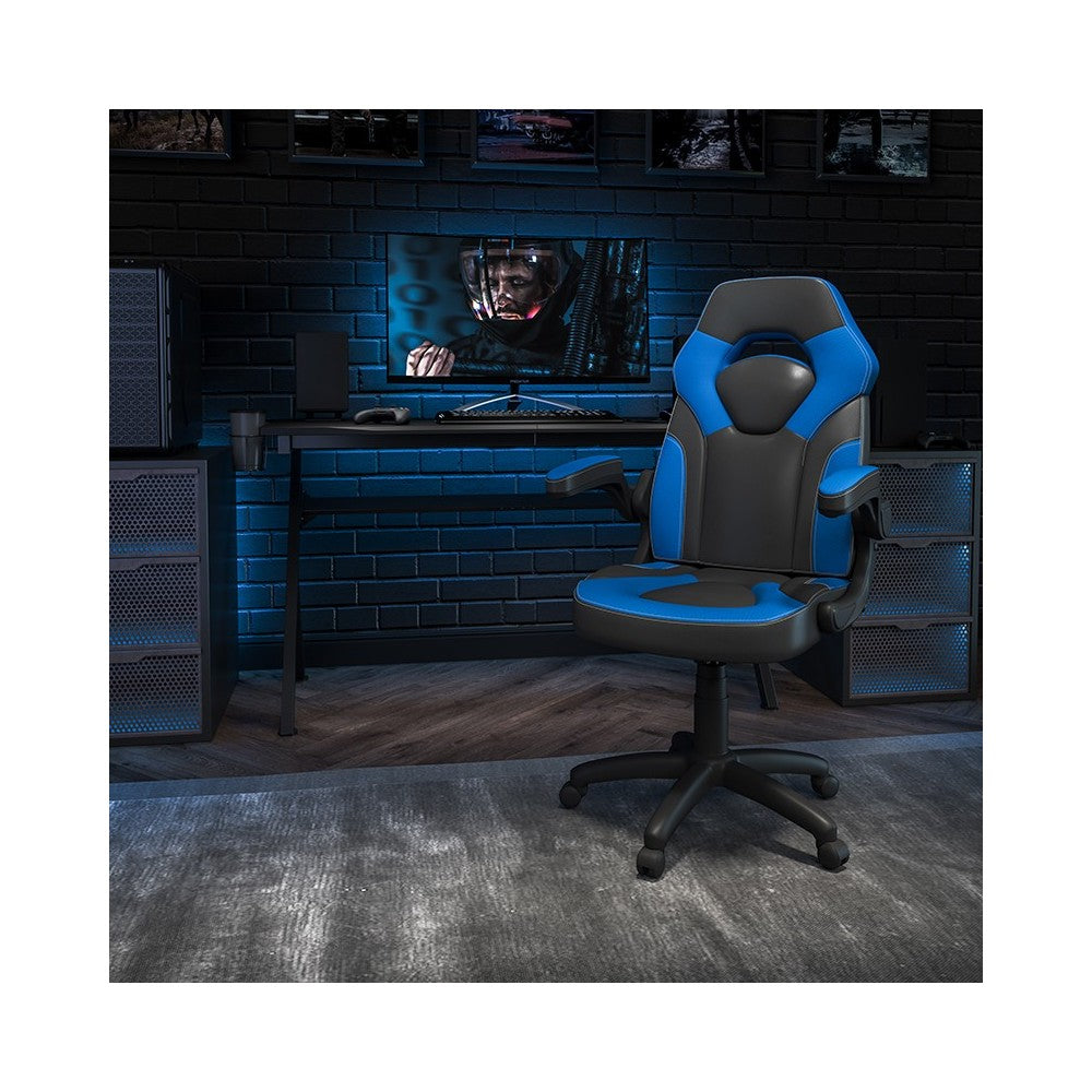 X10 Gaming Chair Racing Office Ergonomic Computer PC Adjustable Swivel Chair with Flip-up Arms, Blue/Black LeatherSoft