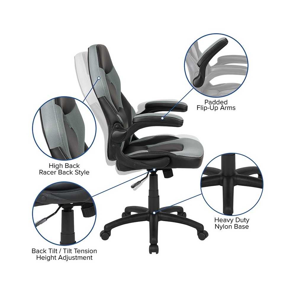 X10 Gaming Chair Racing Office Ergonomic Computer PC Adjustable Swivel Chair with Flip-up Arms, Gray/Black LeatherSoft