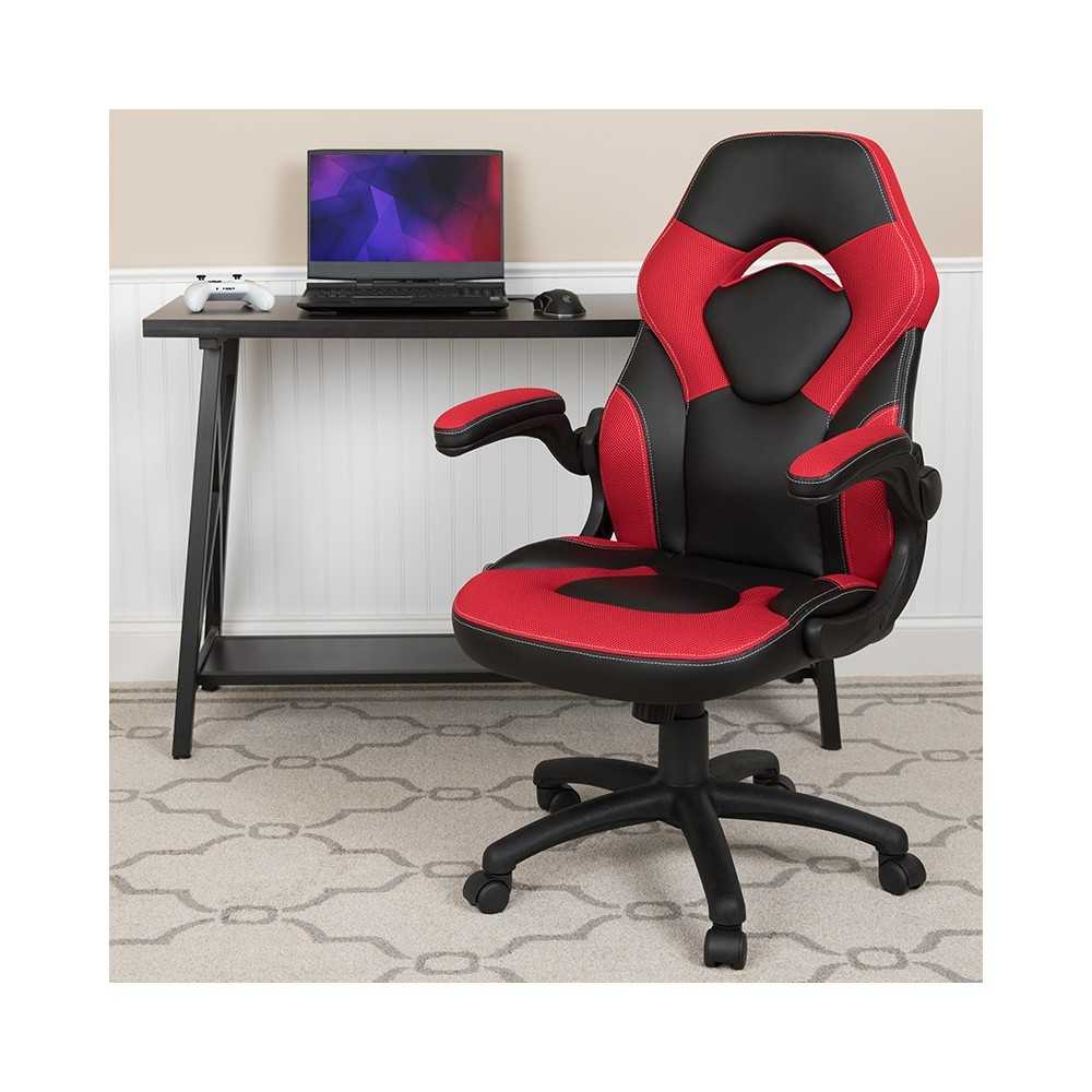 X10 Gaming Chair Racing Office Ergonomic Computer PC Adjustable Swivel Chair with Flip-up Arms, Red/Black LeatherSoft