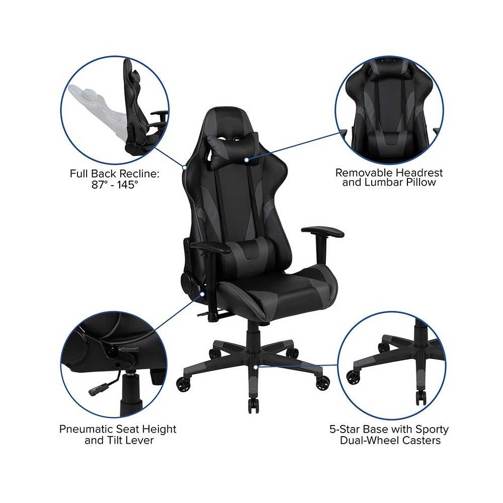 X20 Gaming Chair Racing Office Ergonomic Computer PC Adjustable Swivel Chair with Reclining Back in Gray LeatherSoft