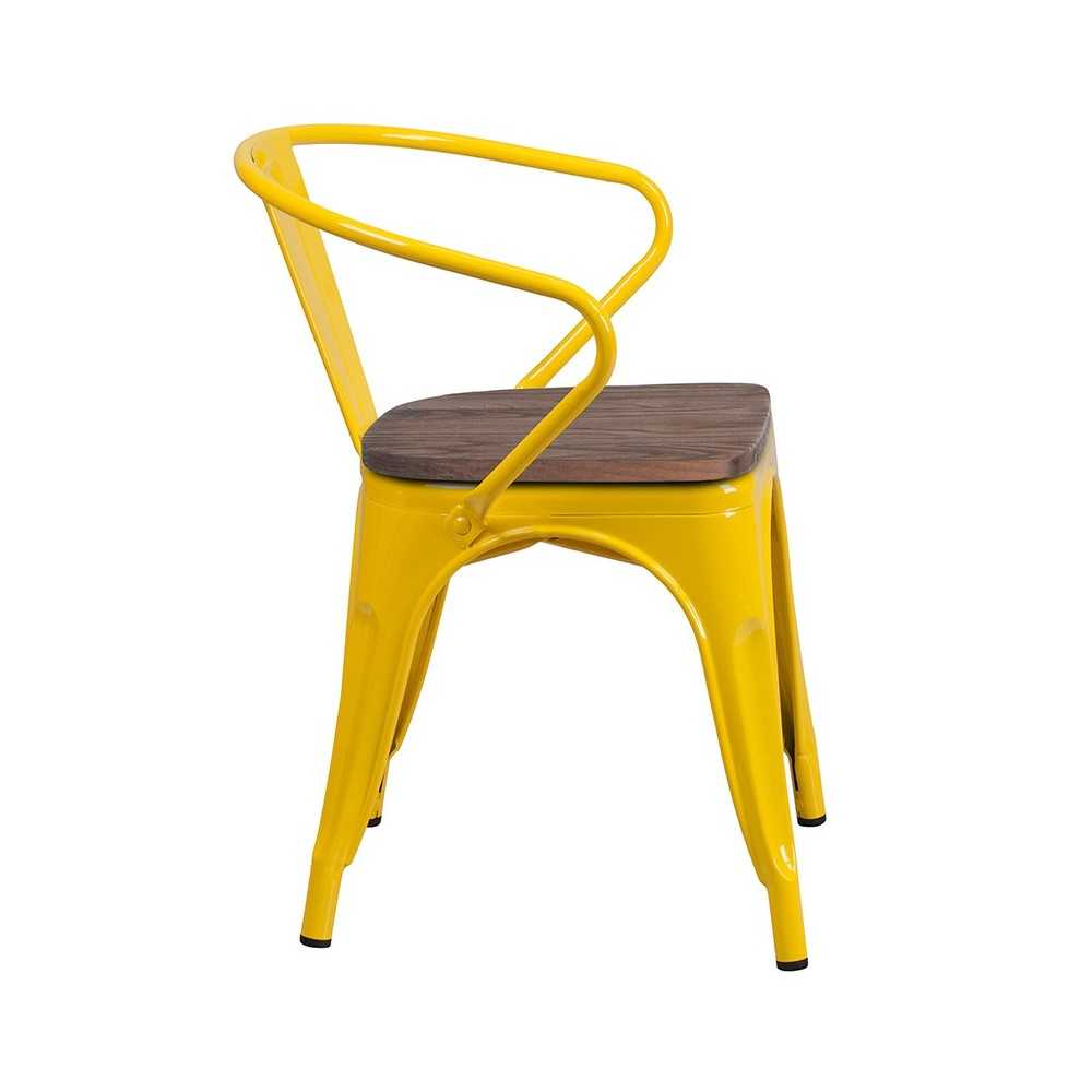 Yellow Metal Chair with Wood Seat and Arms