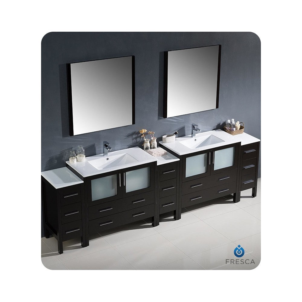 108 Espresso Double Sink Bathroom Vanity w/ 3 Side Cabinets & Integrated Sinks