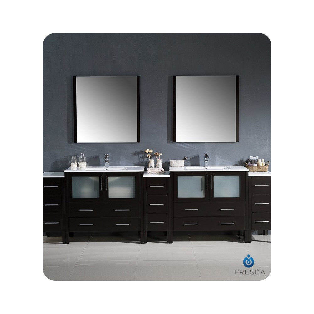 108 Espresso Double Sink Bathroom Vanity w/ 3 Side Cabinets & Integrated Sinks