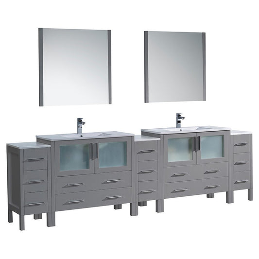 108 Gray Double Sink Bathroom Vanity w/ 3 Side Cabinets & Integrated Sinks