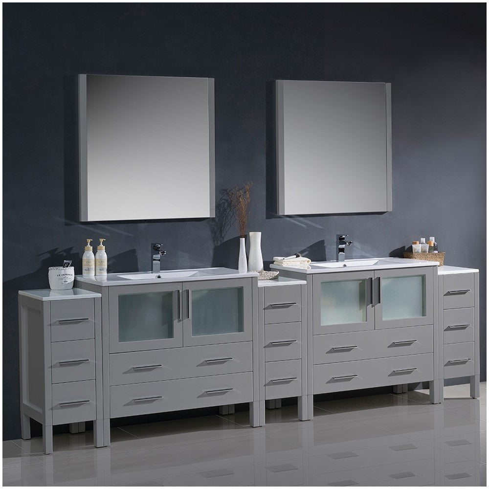 108 Gray Double Sink Bathroom Vanity w/ 3 Side Cabinets & Integrated Sinks