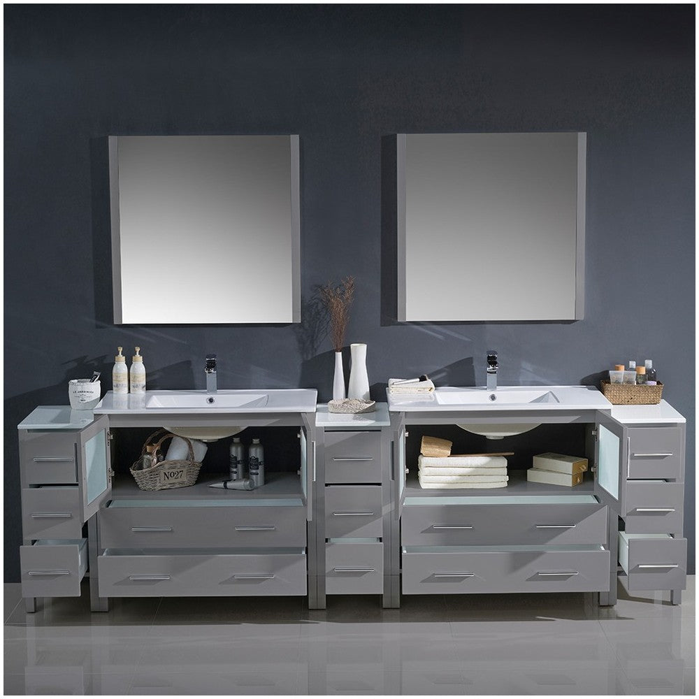 108 Gray Double Sink Bathroom Vanity w/ 3 Side Cabinets & Integrated Sinks