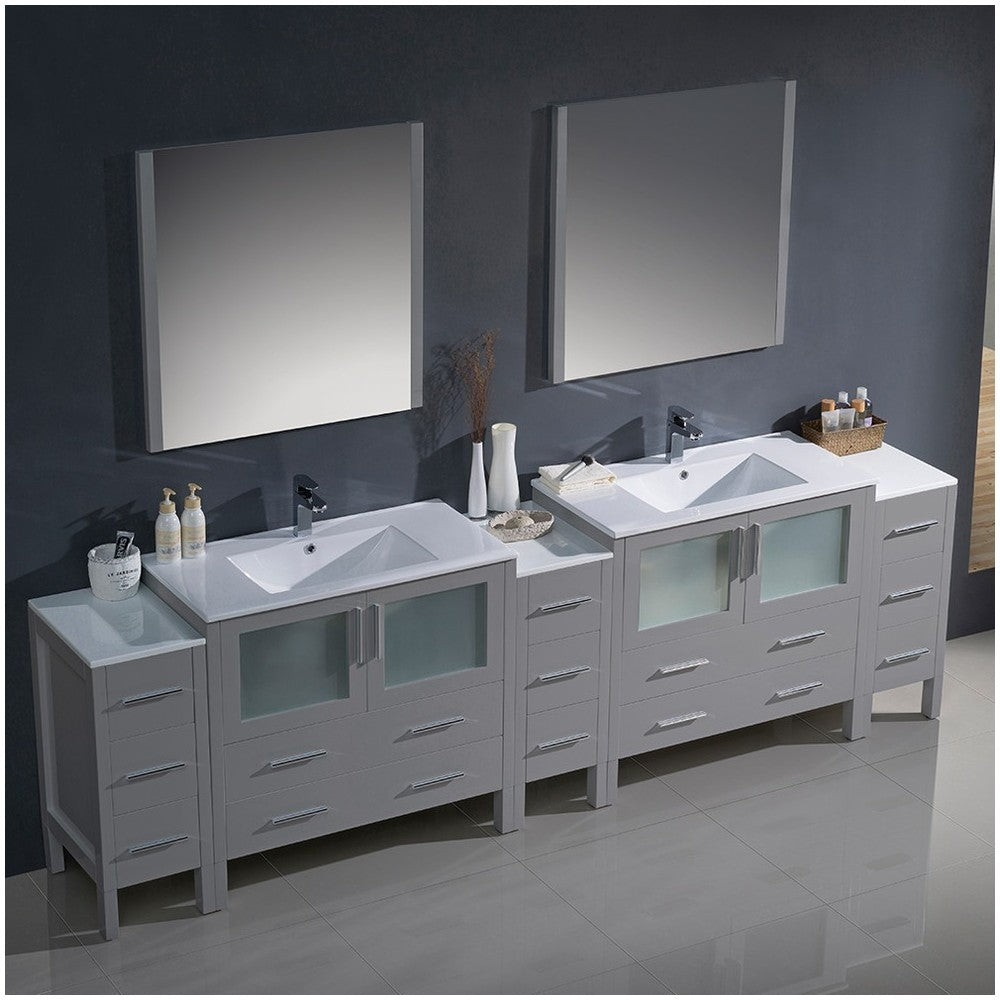 108 Gray Double Sink Bathroom Vanity w/ 3 Side Cabinets & Integrated Sinks