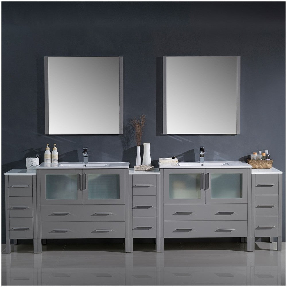 108 Gray Double Sink Bathroom Vanity w/ 3 Side Cabinets & Integrated Sinks