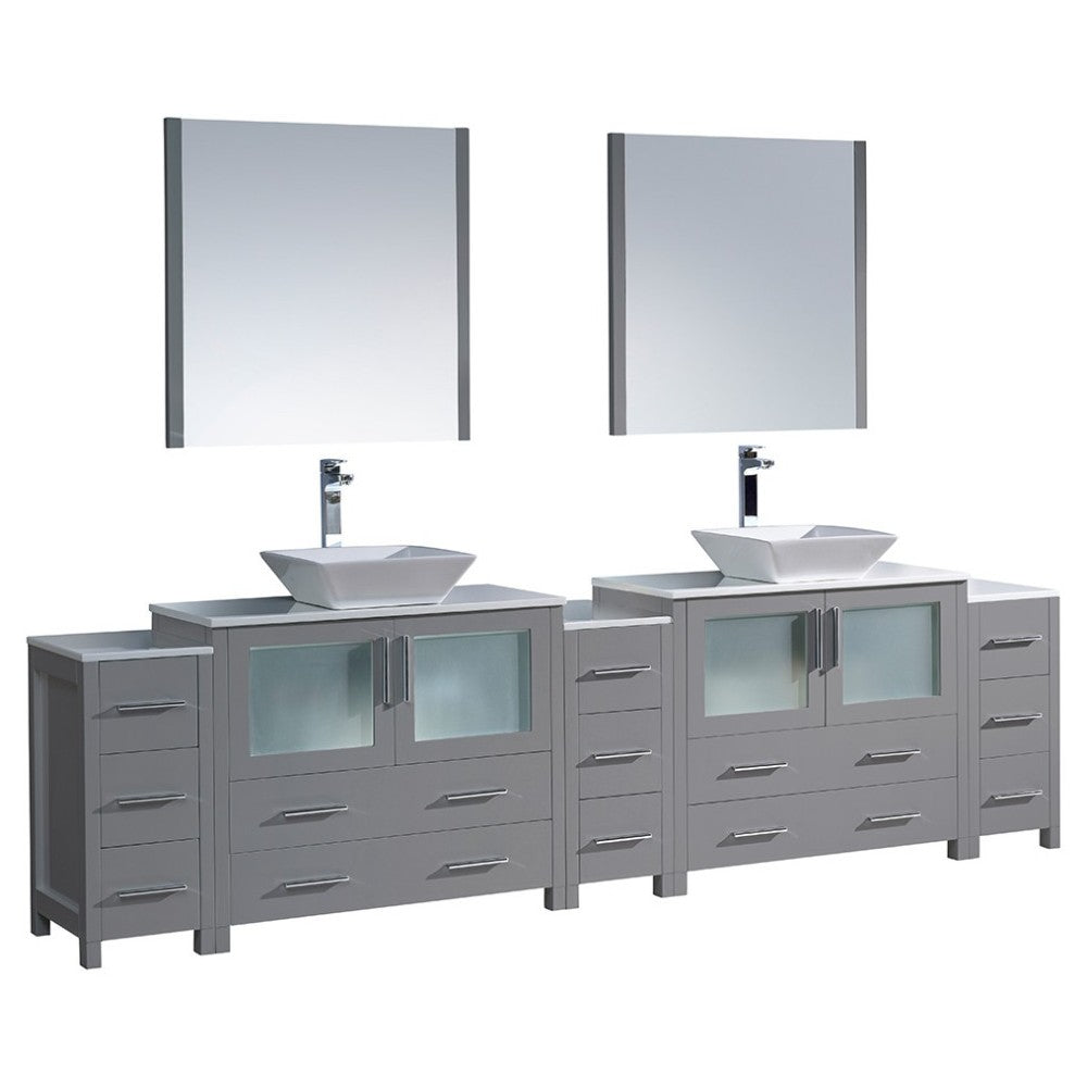 108 Gray Modern Double Sink Bathroom Vanity w/ 3 Side Cabinets & Vessel Sinks