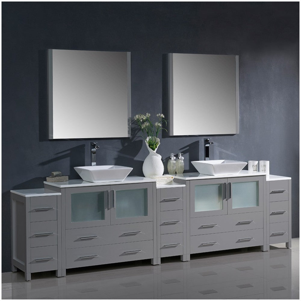 108 Gray Modern Double Sink Bathroom Vanity w/ 3 Side Cabinets & Vessel Sinks