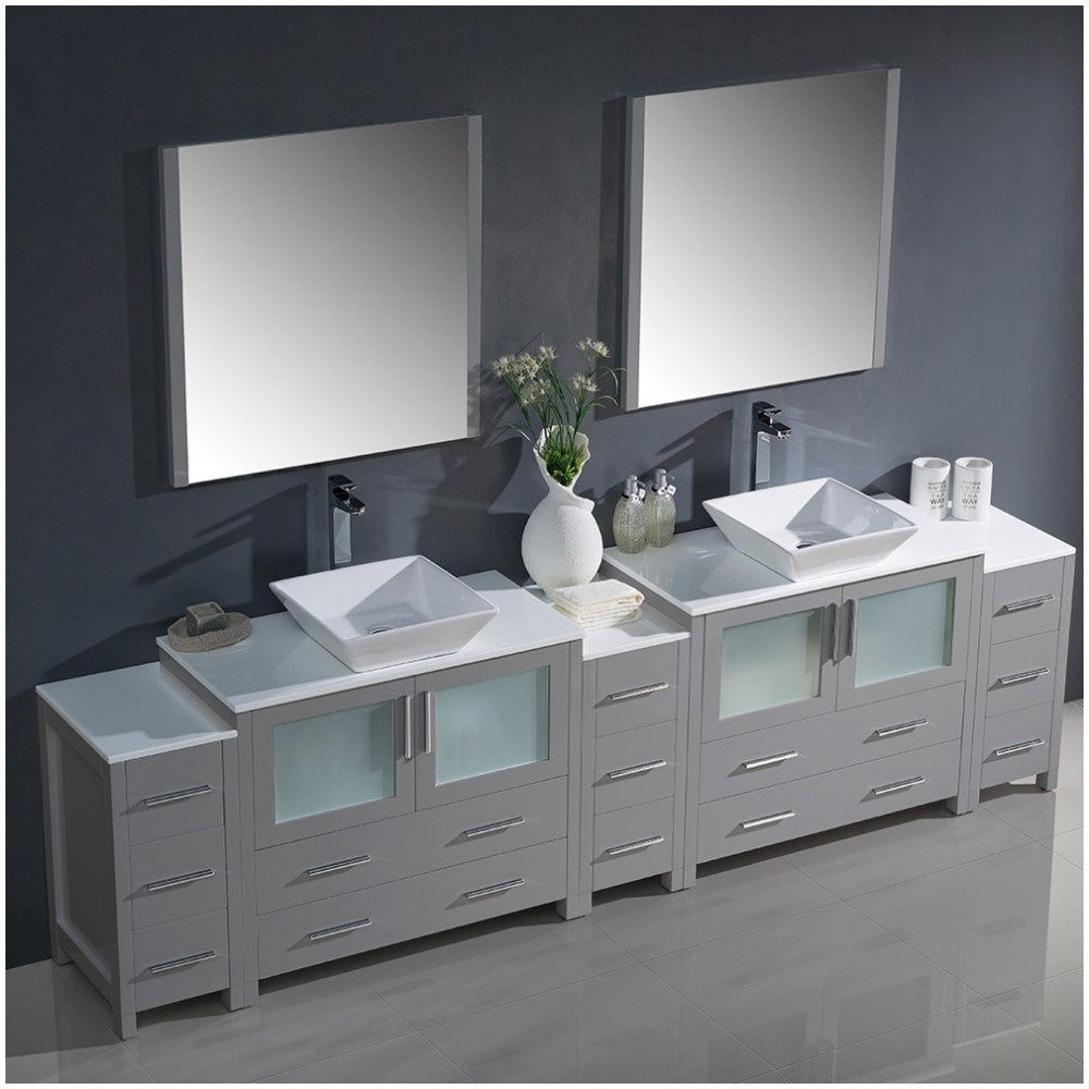 108 Gray Modern Double Sink Bathroom Vanity w/ 3 Side Cabinets & Vessel Sinks