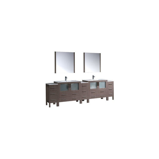 108 Gray Oak Double Sink Bathroom Vanity w/ 3 Side Cabinets & Integrated Sinks