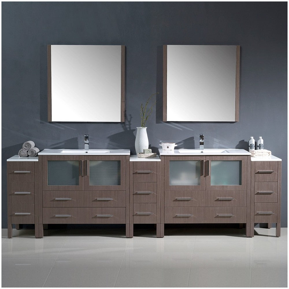 108 Gray Oak Double Sink Bathroom Vanity w/ 3 Side Cabinets & Integrated Sinks