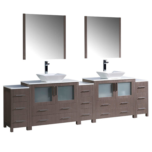 108 Gray Oak Double Sink Bathroom Vanity w/ 3 Side Cabinets & Vessel Sinks