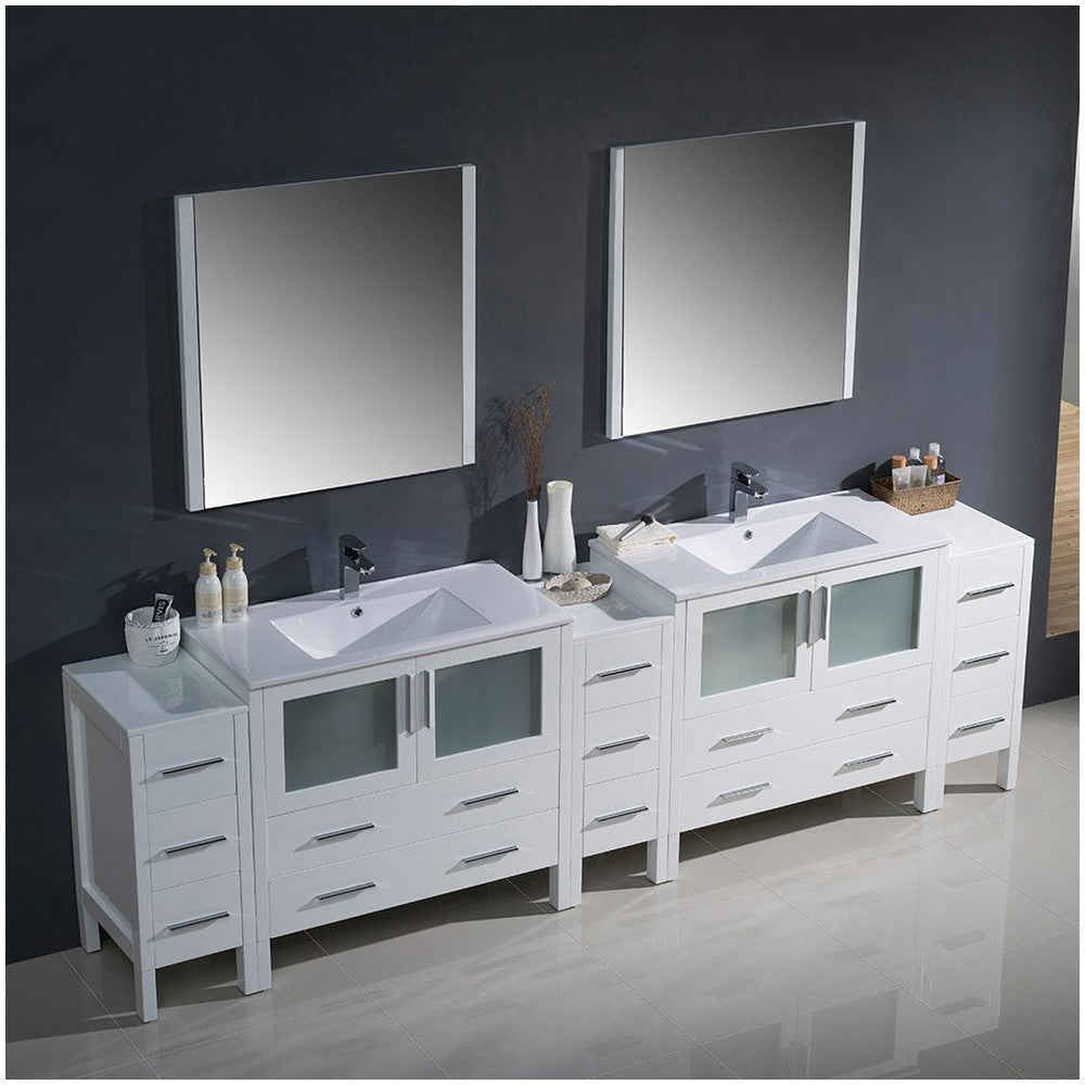 108 White Double Sink Bathroom Vanity w/ 3 Side Cabinets & Integrated Sinks