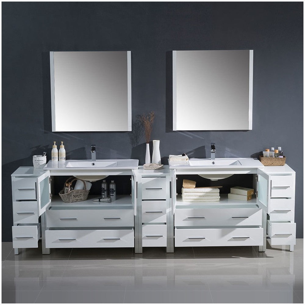 108 White Double Sink Bathroom Vanity w/ 3 Side Cabinets & Integrated Sinks