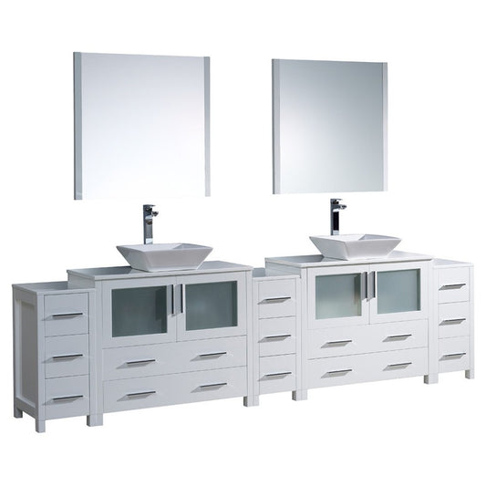 108 White Modern Double Sink Bathroom Vanity w/ 3 Side Cabinets & Vessel Sinks