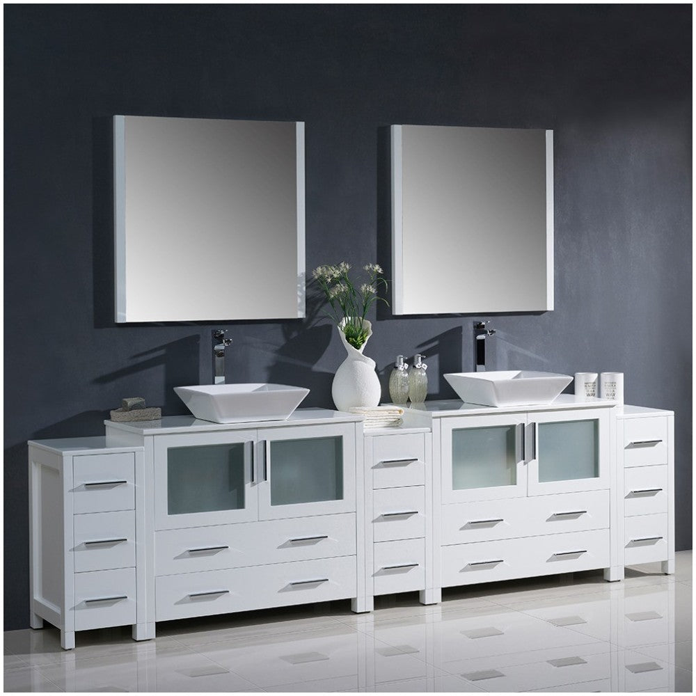 108 White Modern Double Sink Bathroom Vanity w/ 3 Side Cabinets & Vessel Sinks