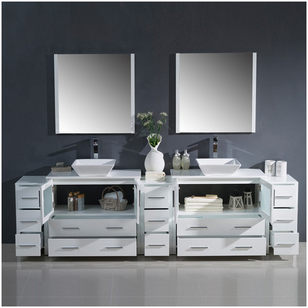 108 White Modern Double Sink Bathroom Vanity w/ 3 Side Cabinets & Vessel Sinks