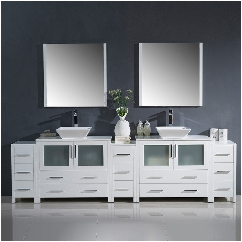 108 White Modern Double Sink Bathroom Vanity w/ 3 Side Cabinets & Vessel Sinks