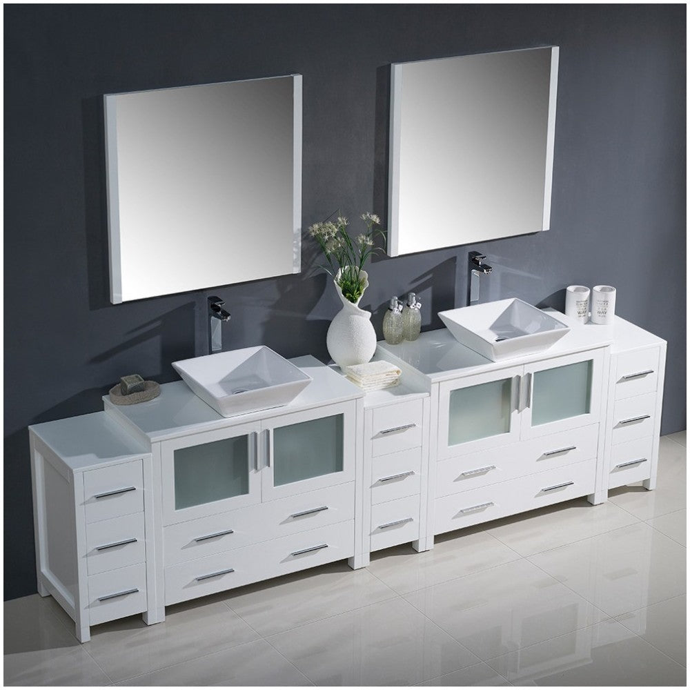 108 White Modern Double Sink Bathroom Vanity w/ 3 Side Cabinets & Vessel Sinks