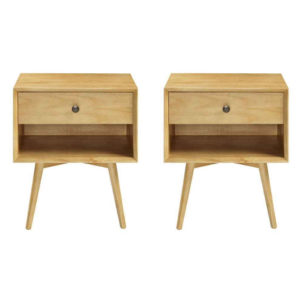 2 Piece 1-Drawer Mid-Century Solid Wood Nightstand - Light Oak