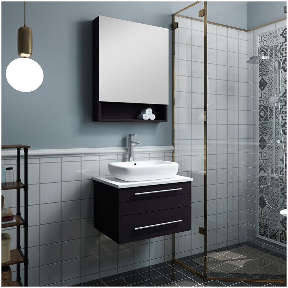 24 Espresso Wall Hung Vessel Sink Modern Bathroom Vanity w/ Medicine Cabinet