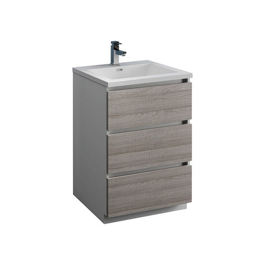 24 Glossy Ash Gray Free Standing Modern Bathroom Cabinet w/ Integrated Sink