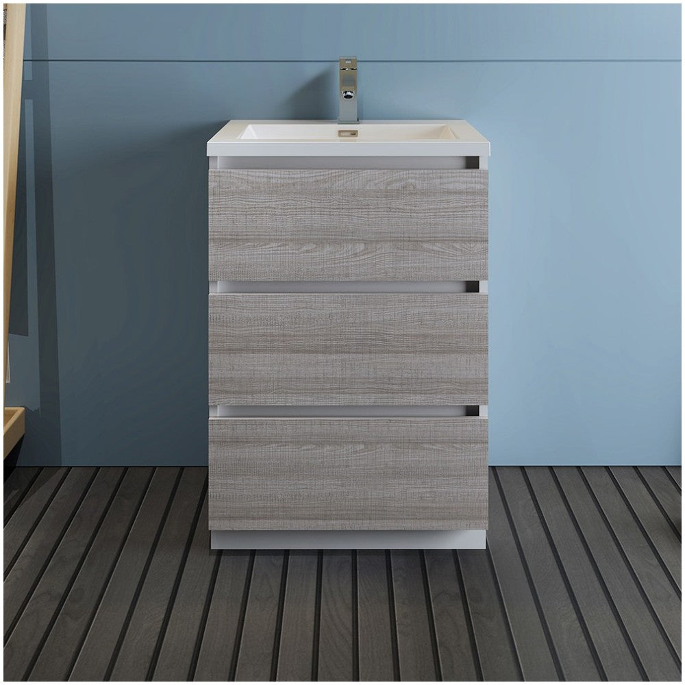 24 Glossy Ash Gray Free Standing Modern Bathroom Cabinet w/ Integrated Sink