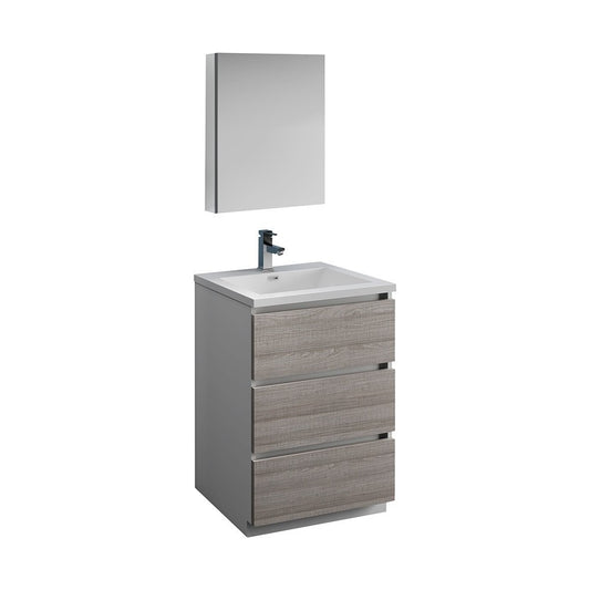 24 Glossy Ash Gray Free Standing Modern Bathroom Vanity w/ Medicine Cabinet