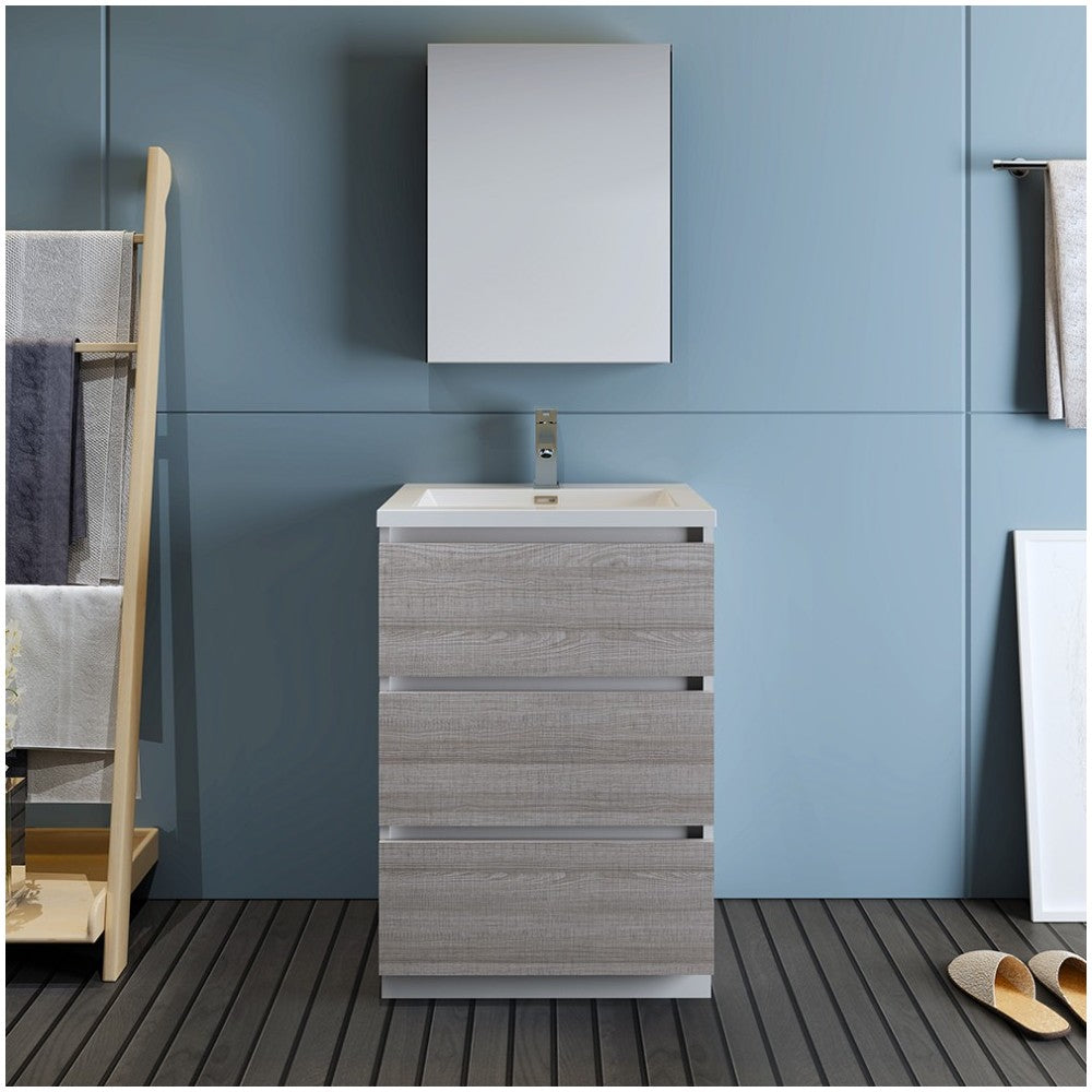 24 Glossy Ash Gray Free Standing Modern Bathroom Vanity w/ Medicine Cabinet