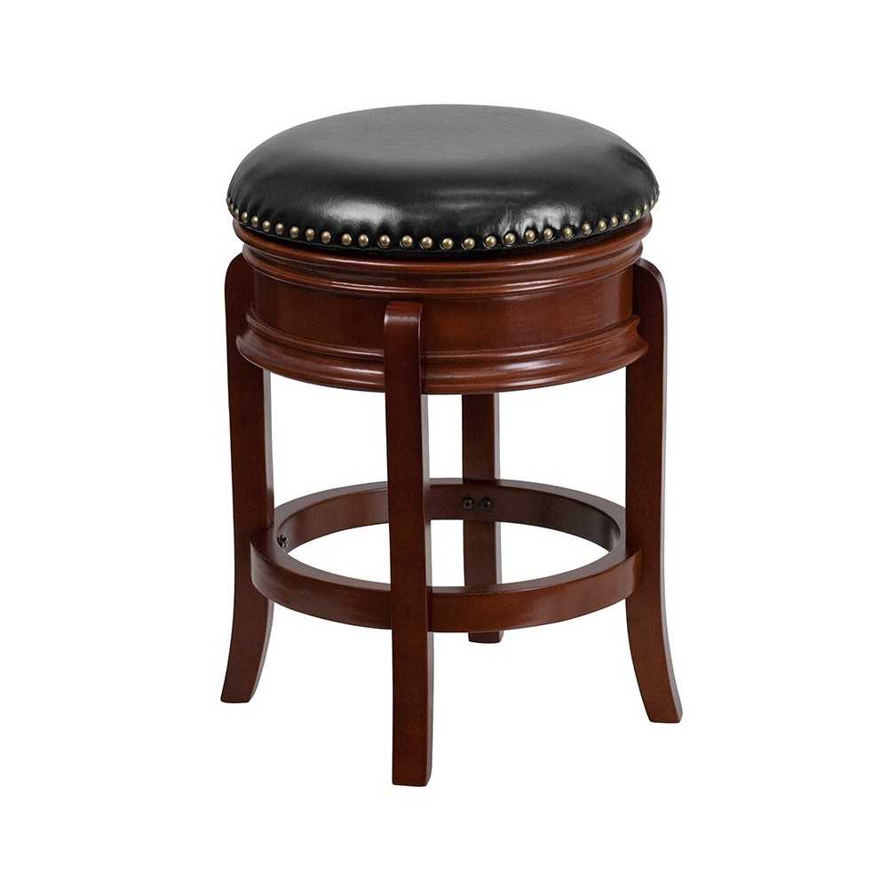 24'' High Backless Light Cherry Wood Counter Height Stool Carved Apron and Black LeatherSoft Swivel Seat