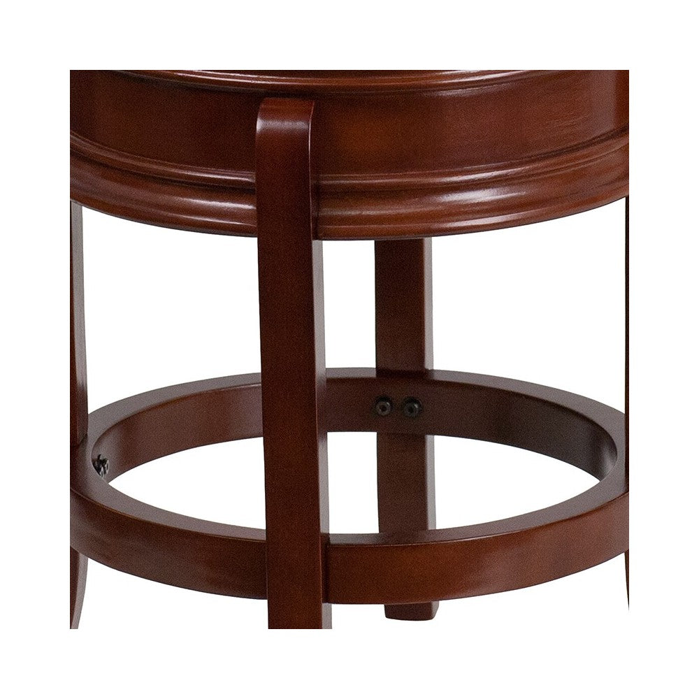 24'' High Backless Light Cherry Wood Counter Height Stool Carved Apron and Black LeatherSoft Swivel Seat