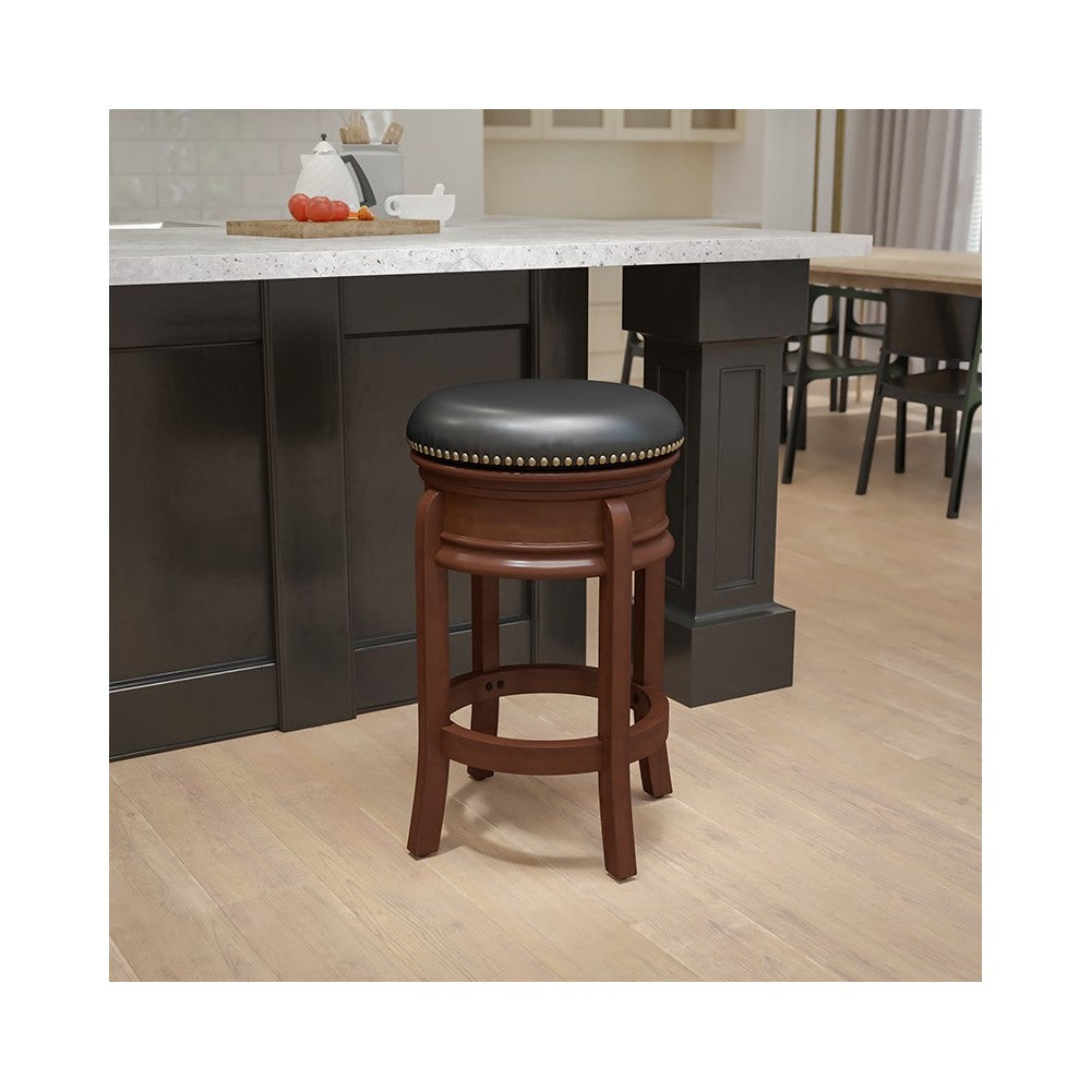 24'' High Backless Light Cherry Wood Counter Height Stool Carved Apron and Black LeatherSoft Swivel Seat