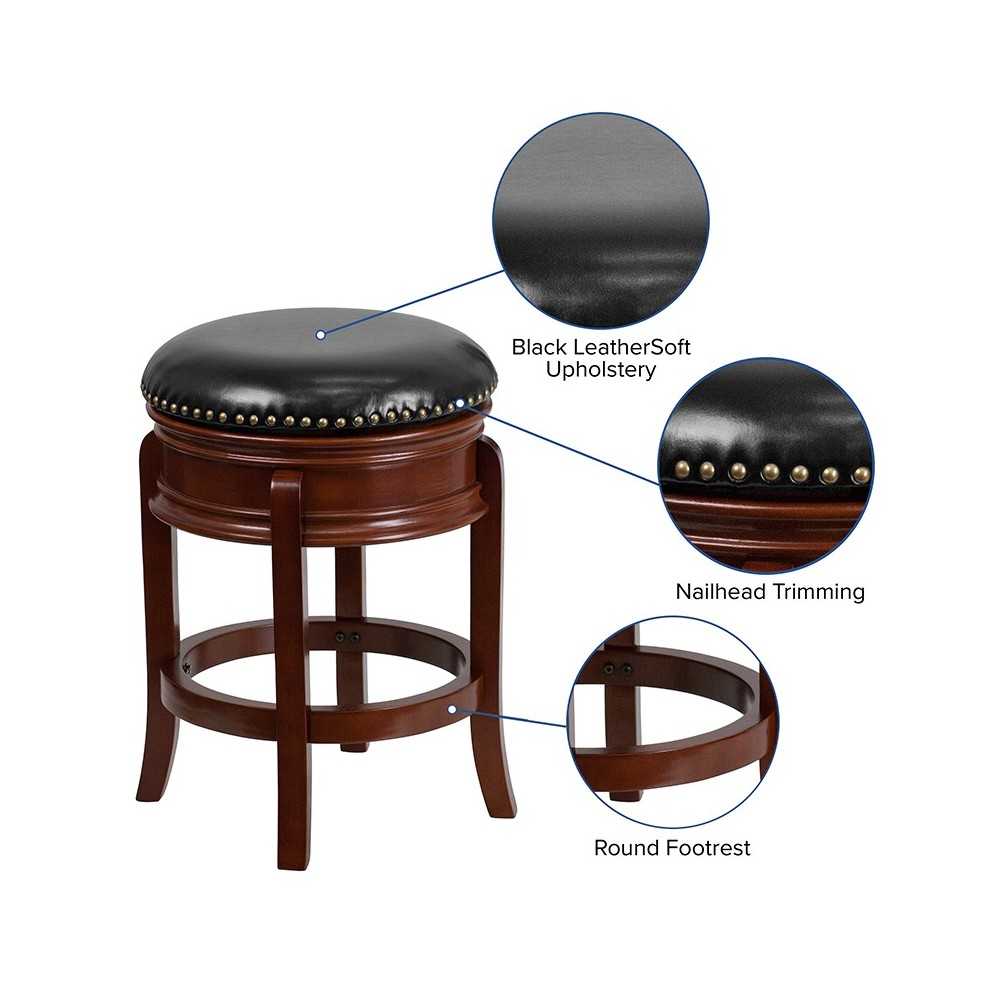 24'' High Backless Light Cherry Wood Counter Height Stool Carved Apron and Black LeatherSoft Swivel Seat