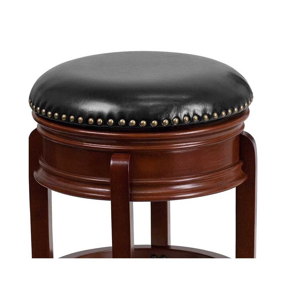 24'' High Backless Light Cherry Wood Counter Height Stool Carved Apron and Black LeatherSoft Swivel Seat