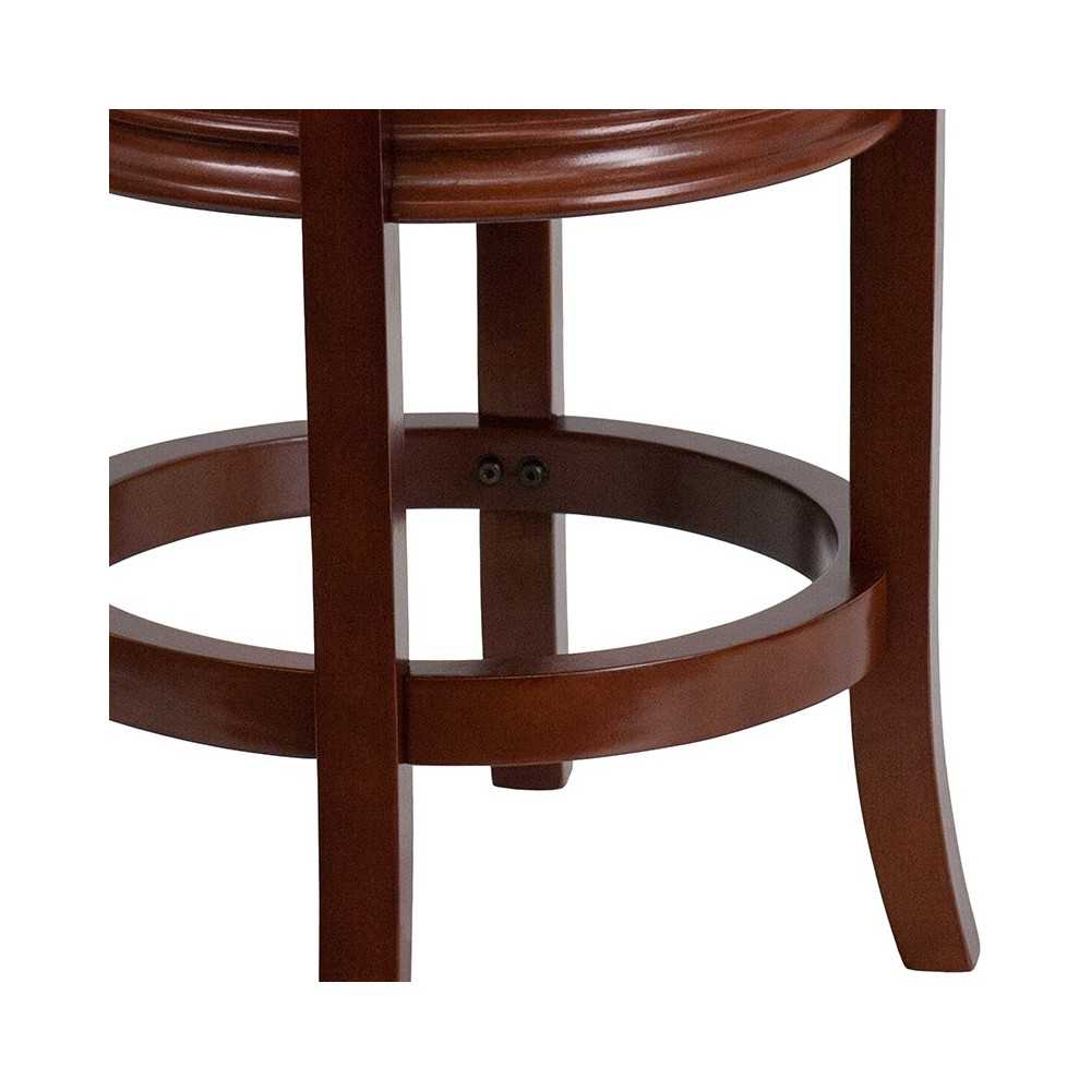 24'' High Backless Light Cherry Wood Counter Height Stool Carved Apron and Black LeatherSoft Swivel Seat