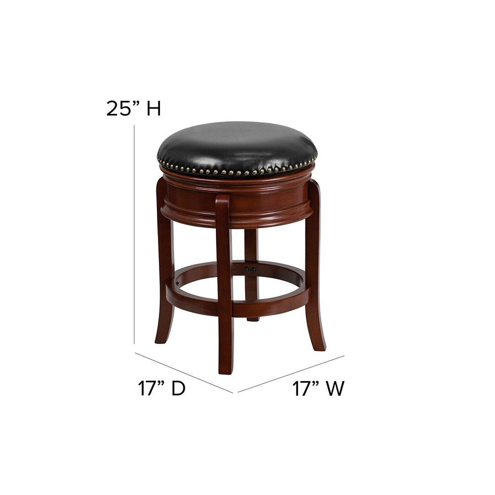 24'' High Backless Light Cherry Wood Counter Height Stool Carved Apron and Black LeatherSoft Swivel Seat