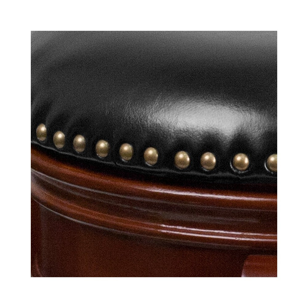 24'' High Backless Light Cherry Wood Counter Height Stool Carved Apron and Black LeatherSoft Swivel Seat